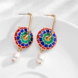 Boho Enamel Flower Huggie Drop Earrings