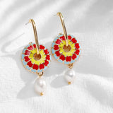 Boho Enamel Flower Huggie Drop Earrings