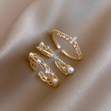 Gold Zircon & Pearl Ring Set (3-Piece)