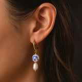 Blue Ceramic Bead & Pearl Hoop Earrings