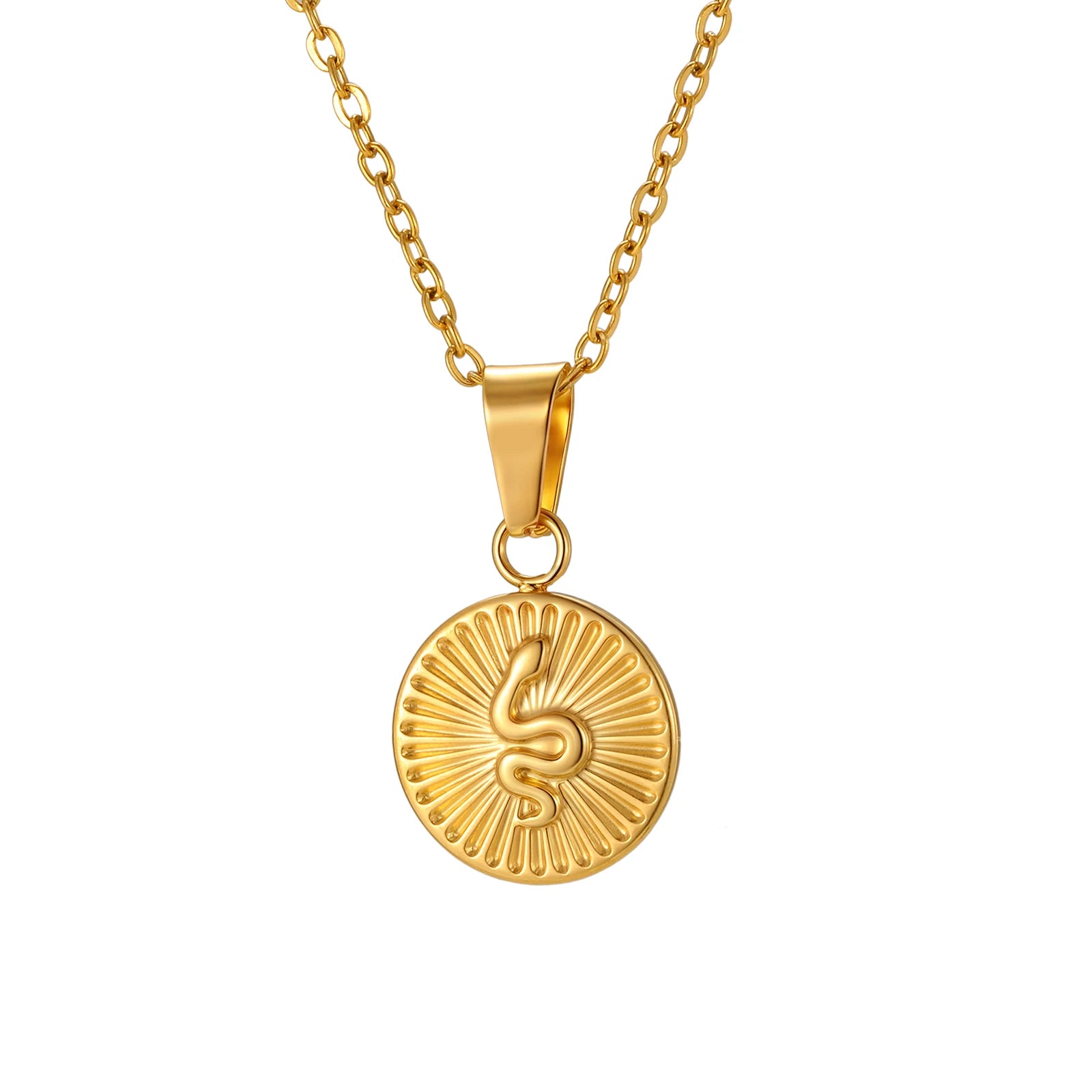 Round Disc Handmade Animal Snake Pendant Necklace Stainless Steel Delicate Jewelry Tarnish Free