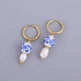 Blue Flower Ceramic Hoop Earrings
