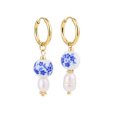 Blue Ceramic Bead & Pearl Hoop Earrings