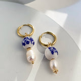 Blue Ceramic Bead & Pearl Hoop Earrings