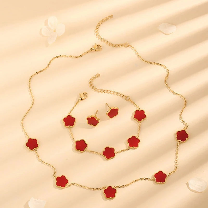Five-Petal Clover Jewelry Set — Bracelet, Earrings & Necklace