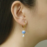 Blue Ceramic Bead & Pearl Hoop Earrings