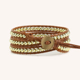 Gold Beads on Natural Leather Three Wrap Bracelet